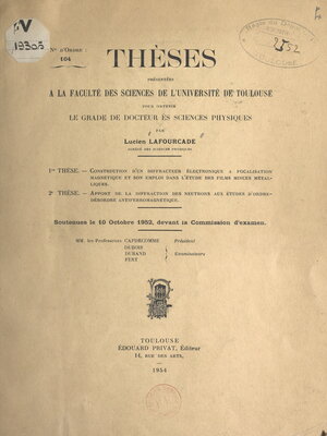 cover image of Construction d'un diffracteur électronique à focalisation magnétique et son emploi dans l'étude des films minces métalliques